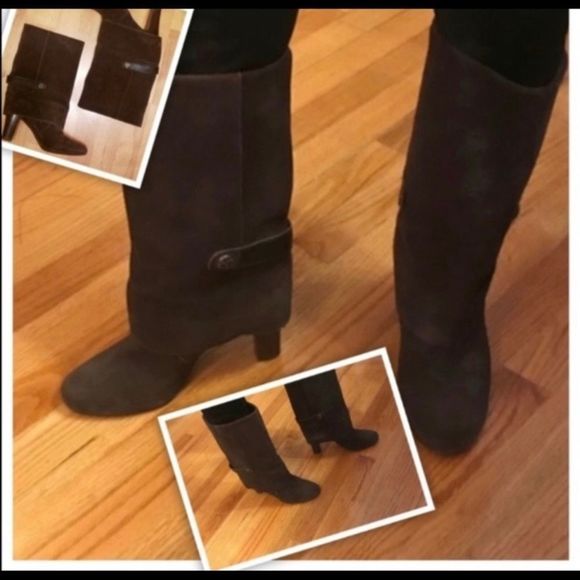TAHARI HARPER BROWN SUEDE MID-CALF FOLD-OVER BOOTS - Picture 1 of 4